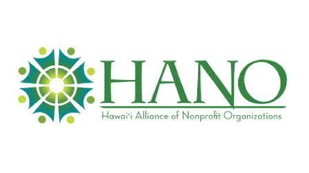 Logo of the Hawai'i Alliance of Nonprofit Organizations (HANO). The design features green and white stylized elements resembling a sunburst or starburst on the left with the acronym "HANO" and full organization name in green text on the right.