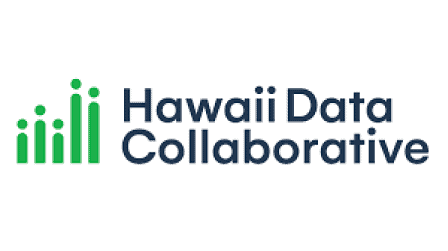 Logo of Hawaii Data Collaborative: The image features a graphic with green bar charts of increasing height and green dots atop each bar. To the right, the text "Hawaii Data Collaborative" is written in dark blue, bold, and capitalized letters.