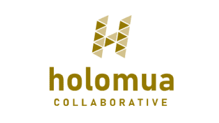 The image features the logo for Holomua Collaborative. The logo includes a geometric design forming an "H" above the text. The word "holomua" is written in bold, lowercase letters in a gold color, with "COLLABORATIVE" written below in smaller, uppercase, gold letters.