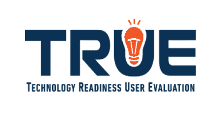 A logo with the acronym "TRUE" in large, bold letters. The letter "U" is represented by an orange light bulb icon. Below "TRUE," smaller text reads "Technology Readiness User Evaluation.